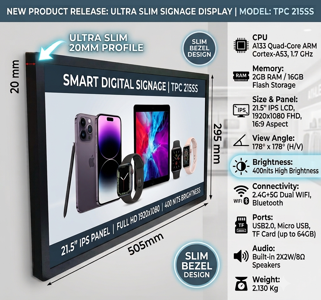 21.5" Ultraslim Wall Mount Digital Signage Display